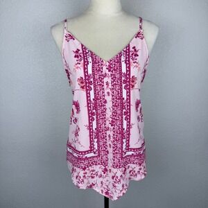 Janet Chung Pink Floral Print V-Neck Cami Top Sleeveless Casual Cute Boho Blouse